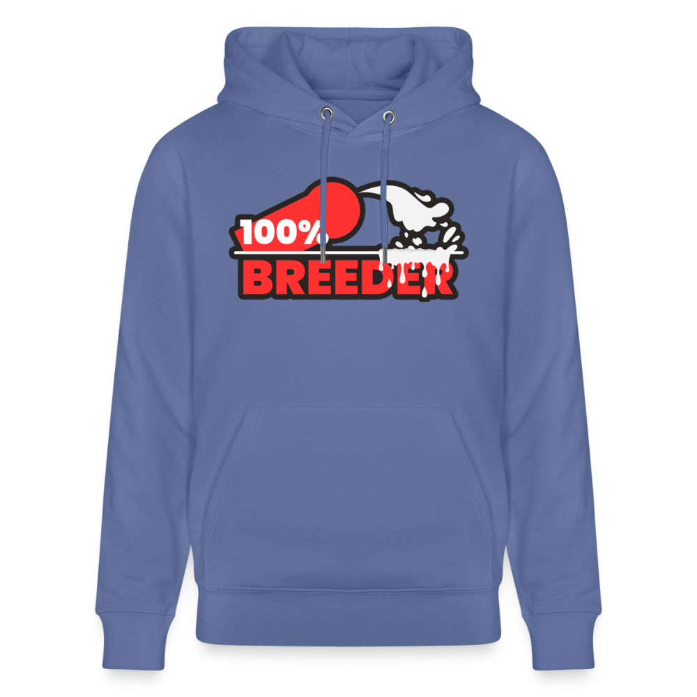 Blaues Bio-Hoodie mit dominantem 100% Breeder Fetish Motiv – für selbstsichere Tops in der Szene