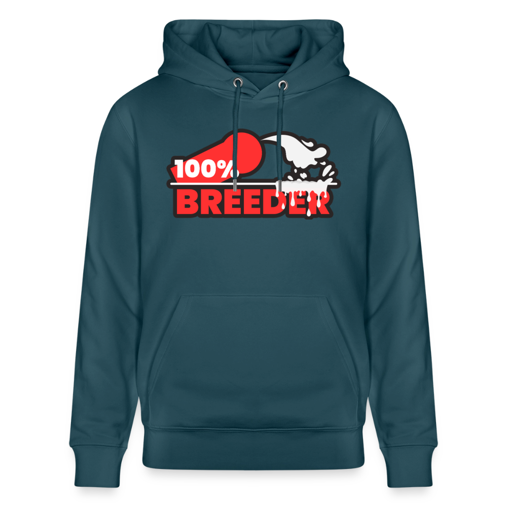 Dunkles Petrol Bio-Hoodie mit starkem "100% Breeder" Fetisch Statement – für dominante Männer