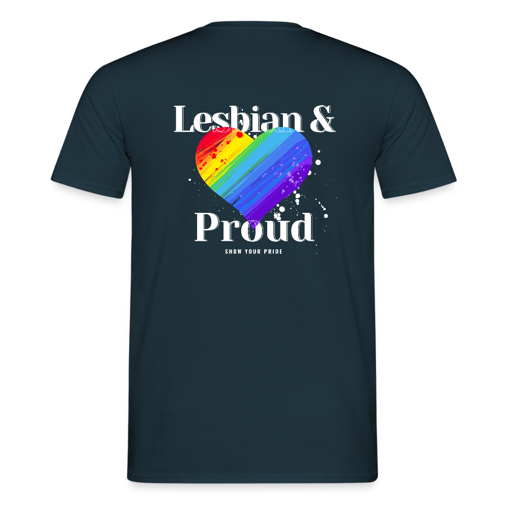 Lesbian & Proud | Regenbogenherz Pride T-Shirt - Navy