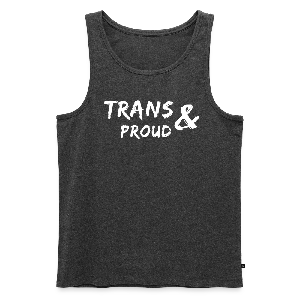 Freigestellte Produktansicht eines sportlichen Muskelshirts in Anthrazit meliert. Auf der strukturierten Stoffoberfläche kommt das weiße Aktivismus-Design für geschlechtliche Selbstbestimmung optimal zur Geltung.