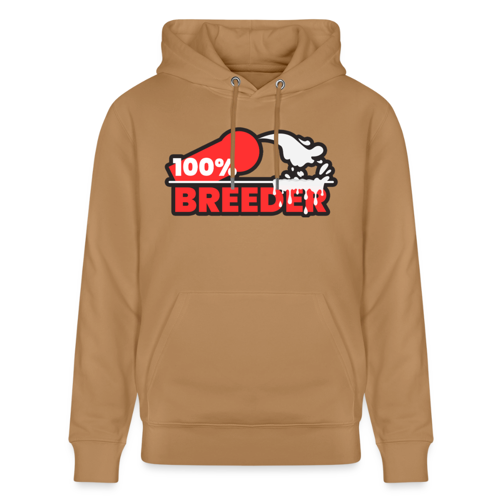Karamellfarbenes Bio-Hoodie mit dem frechen 100% Breeder Kink Fetish Design