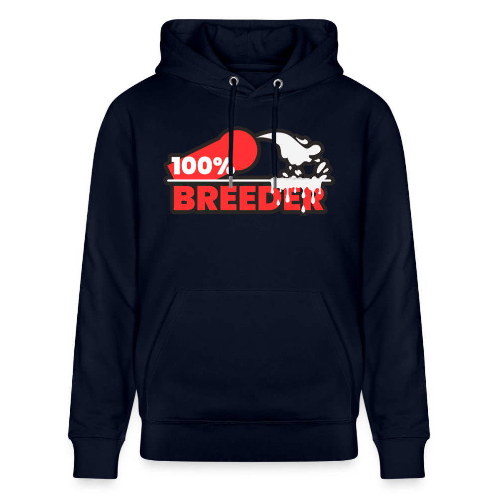 Navyblaues Bio-Hoodie mit dem selbstbewussten "100% Breeder" Kink Pride Design – starkes Top Statement