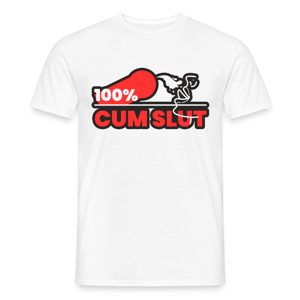 Weißes T-Shirt mit auffälligem roten "100% Cum Slut" Fetish Design