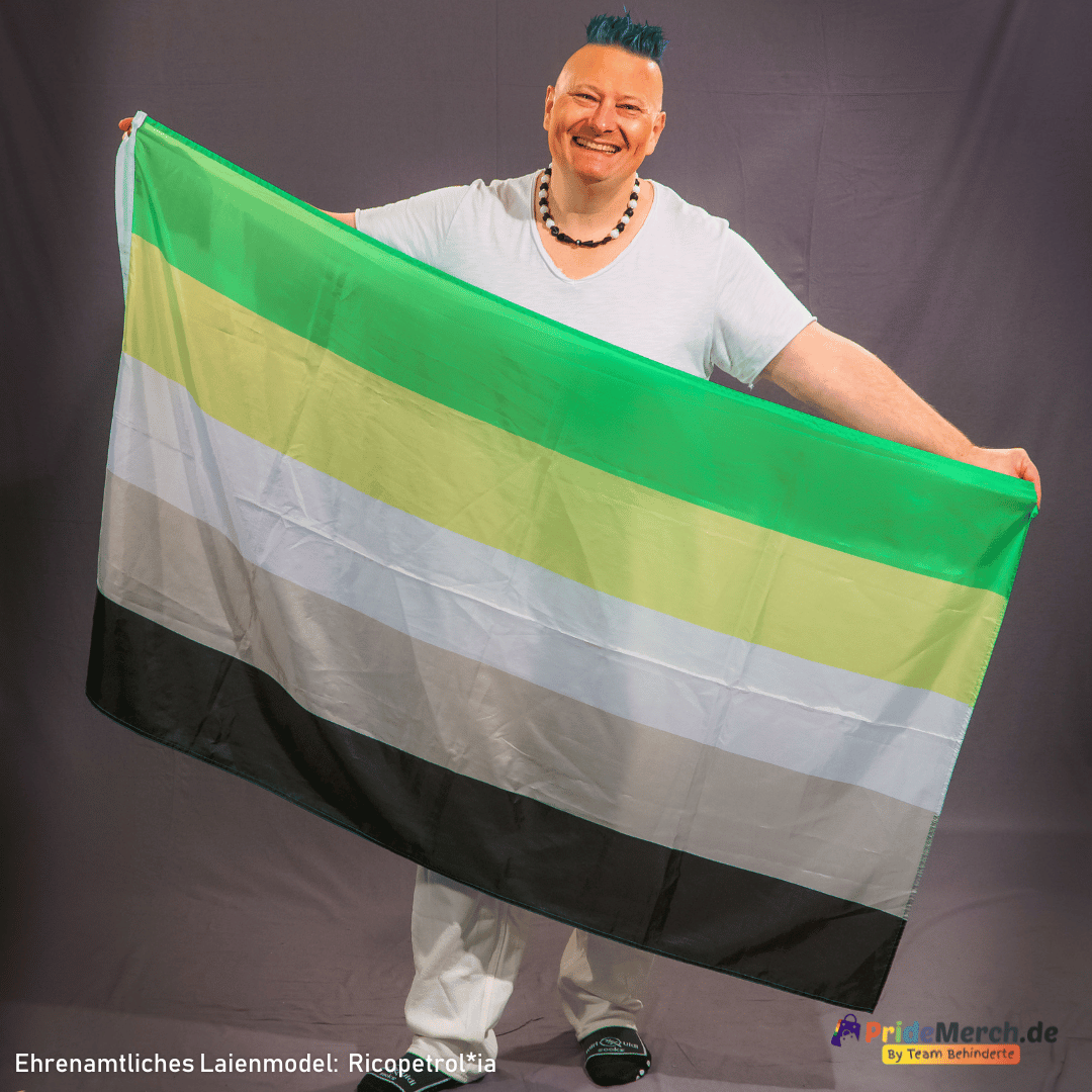 In der originalen Studioaufnahme zeigt das ehrenamtliche Laienmodel Ricopetrolia (Bremer Drag Queen Gina Petrolia) die große aromantische Flagge (150x90 cm) in ihrer vollen Pracht. Das Model lächelt herzlich in die Kamera und hält die fünfstreifige Flagge weit ausgebreitet vor sich. Das Logo von pridemerch.mom ist unten rechts dezent platziert.