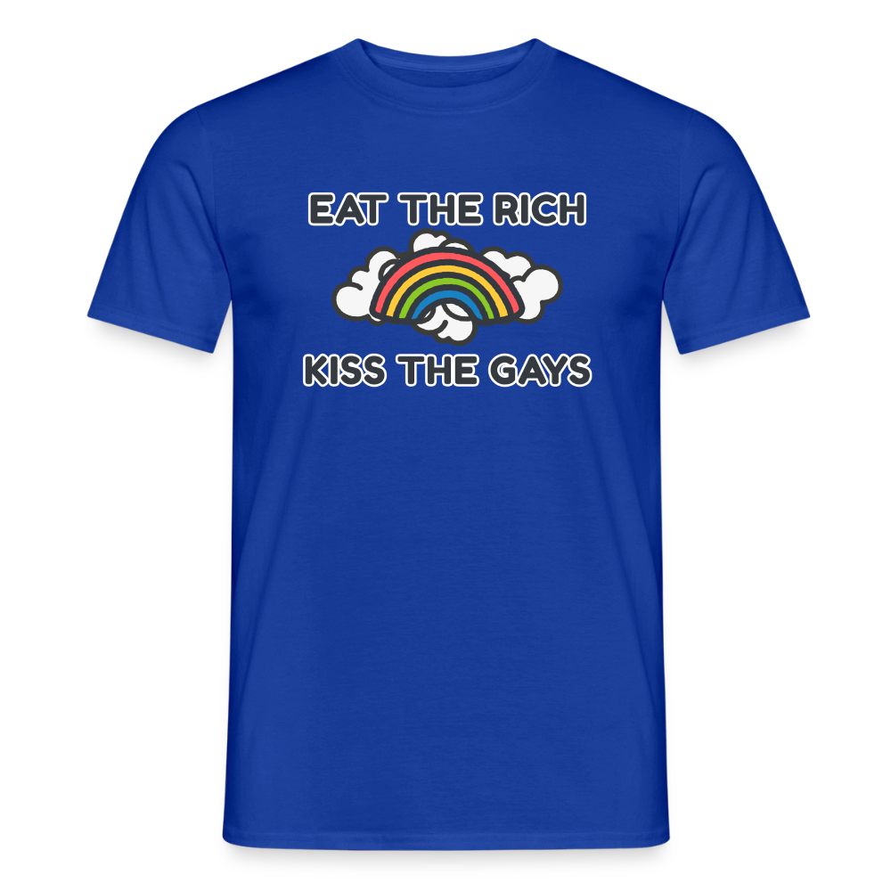 Das dunkelblaue Pride-Shirt zeigt sich hier als reines Produktbild ohne Hintergrund. Die dicken weißen Umrandungen der markanten Comic-Schrift heben den Spruch deutlich hervor und rahmen den farbenfrohen Regenbogen optimal ein