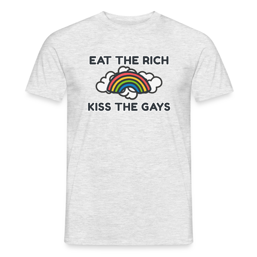 Auf dem neutralen graumelierten Untergrund dieses freigestellten T-Shirts kommt das farbige Pride-Design optimal zur Geltung. Die witzige Symbiose aus handgezeichneter Regenbogen-Grafik und antikapitalistischem Slogan liefert den perfekten Mix für den Alltag