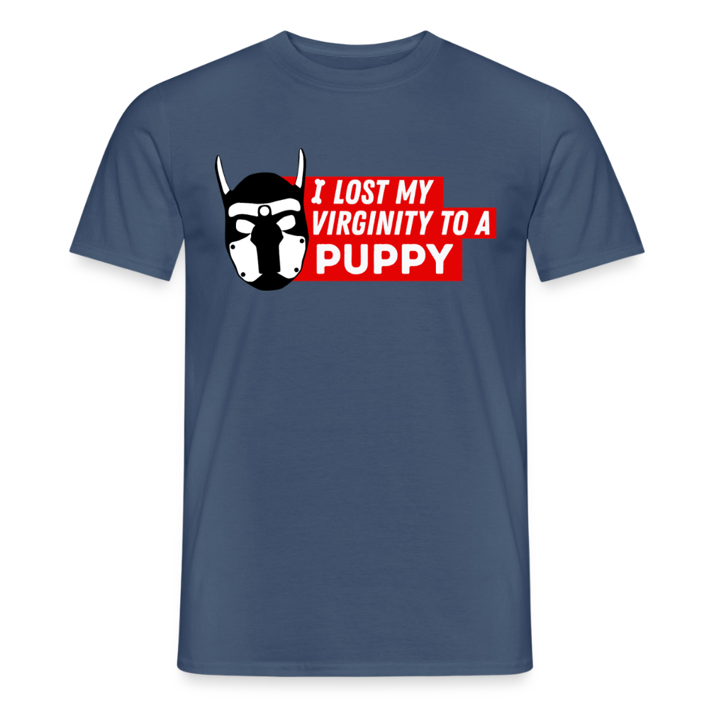 Dunkles denimblaues T-Shirt mit frechem "I Lost My Virginity To A Puppy" Puppy Kink Statement